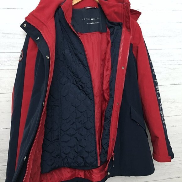 Tommy Hilfiger Women's Red Coat 3 in 1 All Weather System Jacket Hooded Logo L - Picture 3 of 13